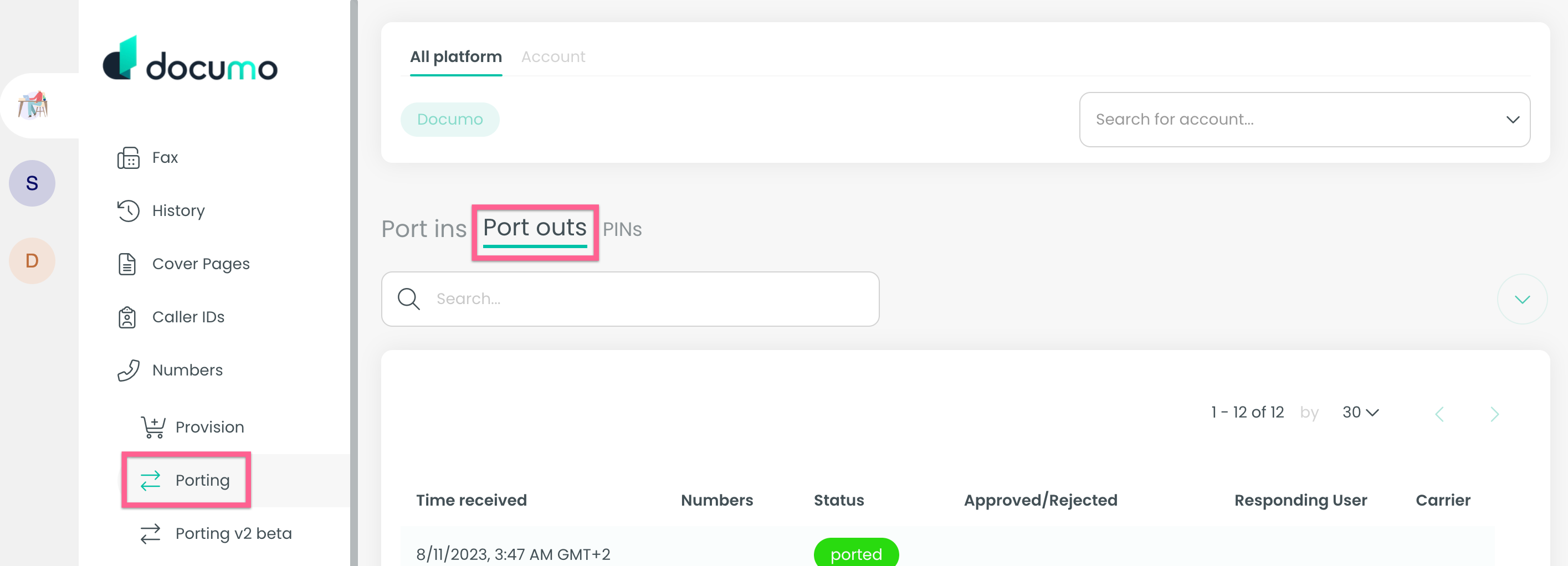 Port Out PINs Documo
